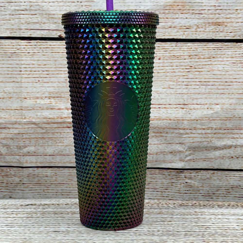 Starbucks Tumbler Studded Iridescent Rainbow 24 oz Venti With‎ Straw